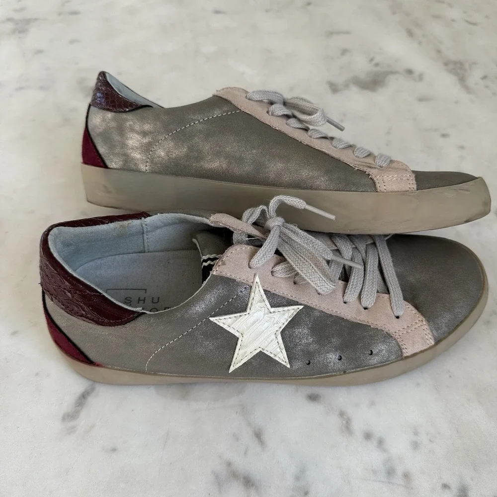 SHU SHOP Paula Womens Star Sneakers Size 8 Metallic Silver‎ Pink Burgundy $89